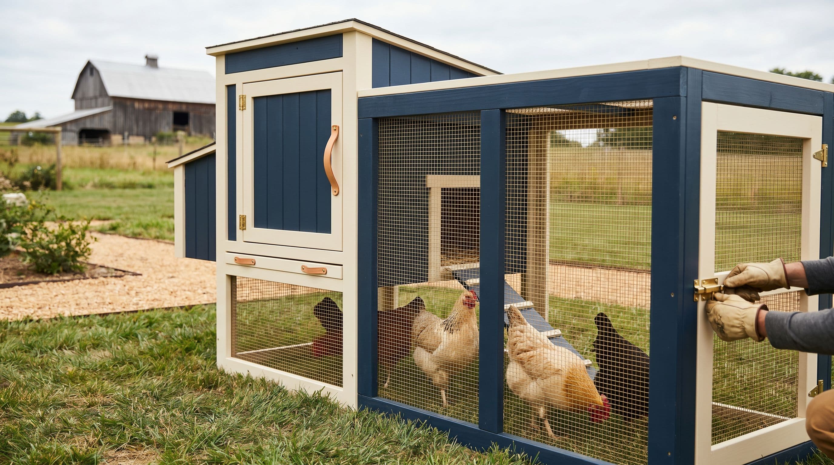 Enclos pour poules en pleine basse-cour familiale à l'heure dorée